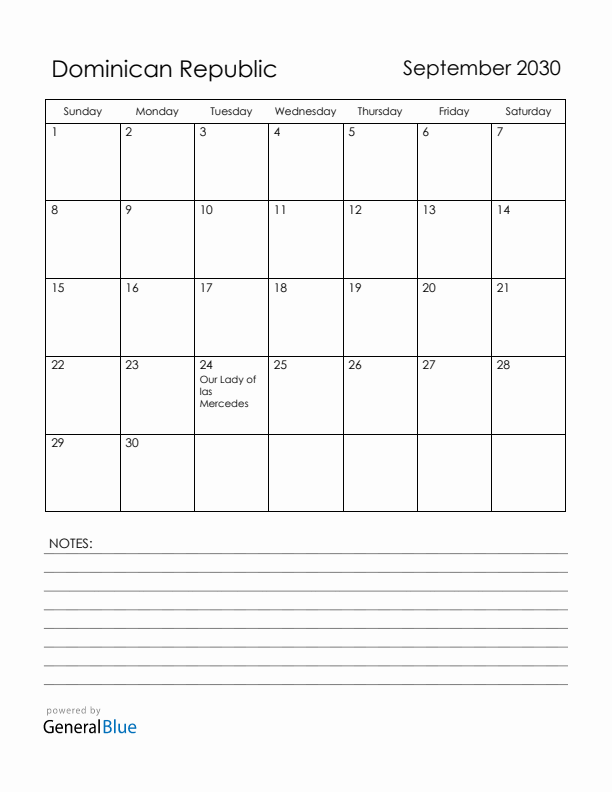 September 2030 Dominican Republic Calendar with Holidays (Sunday Start)