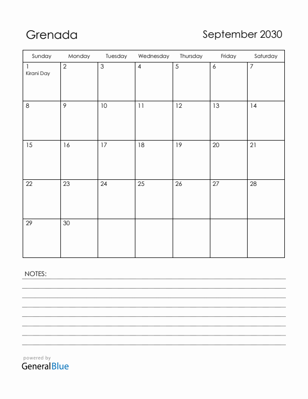 September 2030 Grenada Calendar with Holidays (Sunday Start)