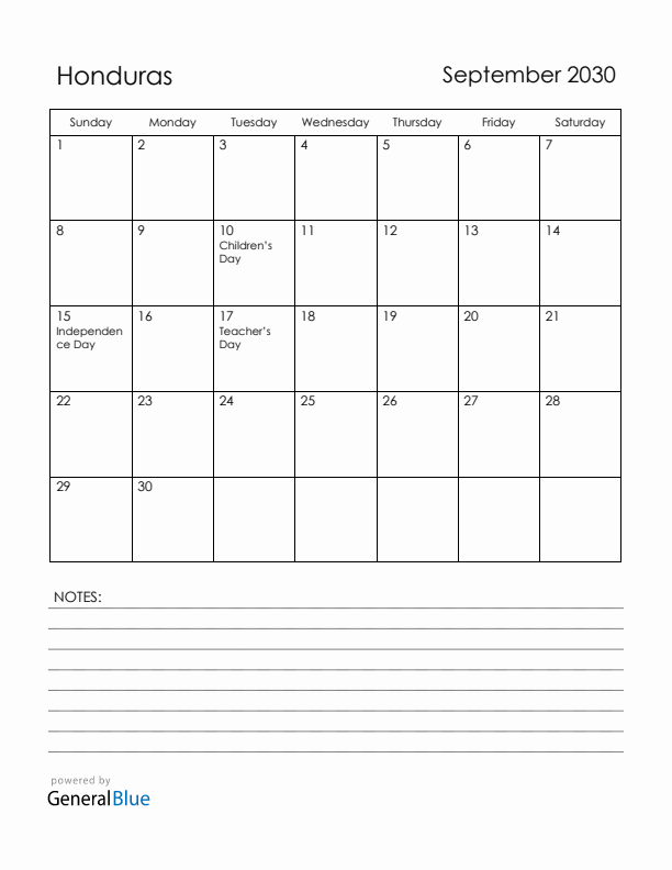 September 2030 Honduras Calendar with Holidays (Sunday Start)