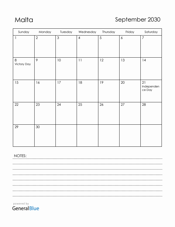 September 2030 Malta Calendar with Holidays (Sunday Start)