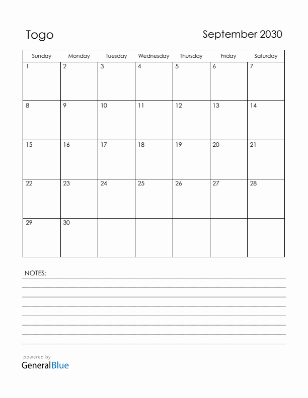 September 2030 Togo Calendar with Holidays (Sunday Start)