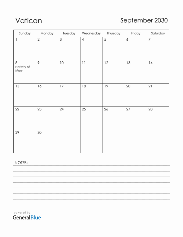 September 2030 Vatican Calendar with Holidays (Sunday Start)