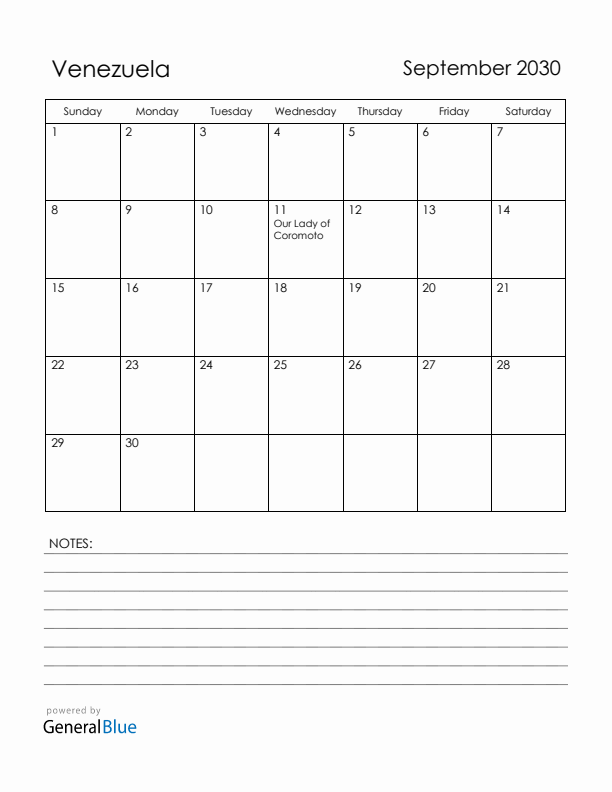 September 2030 Venezuela Calendar with Holidays (Sunday Start)