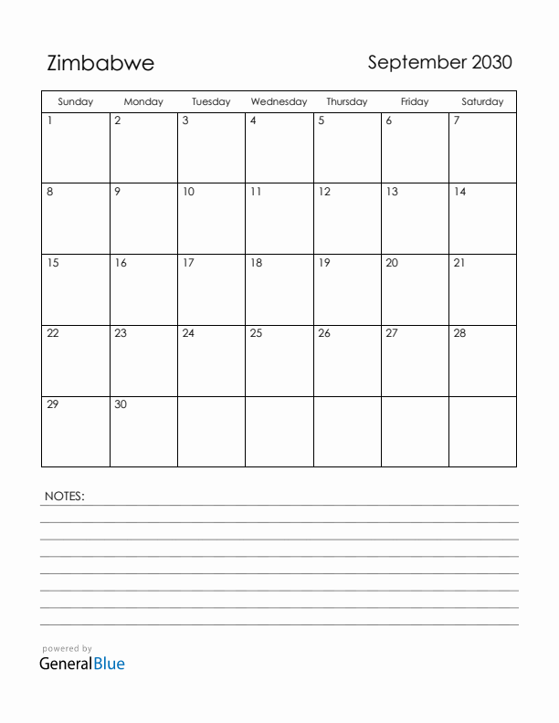 September 2030 Zimbabwe Calendar with Holidays (Sunday Start)