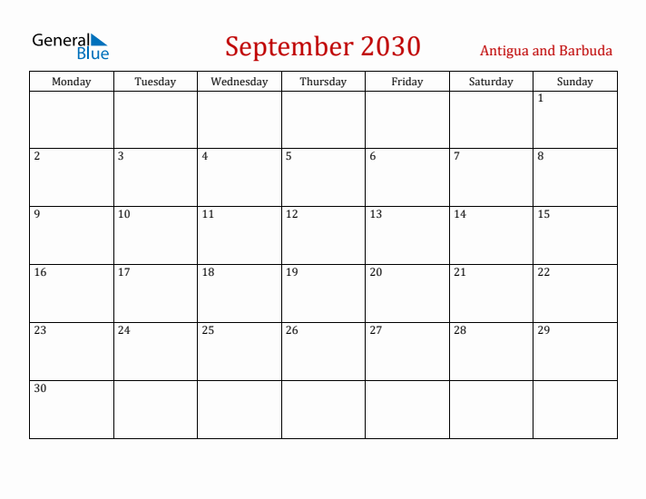 Antigua and Barbuda September 2030 Calendar - Monday Start