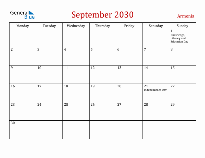 Armenia September 2030 Calendar - Monday Start