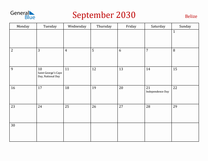 Belize September 2030 Calendar - Monday Start