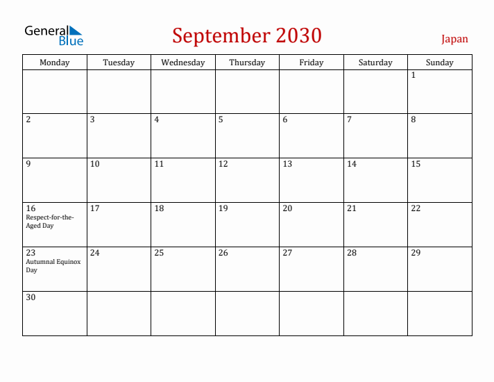 Japan September 2030 Calendar - Monday Start