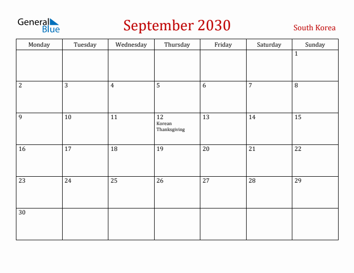 South Korea September 2030 Calendar - Monday Start