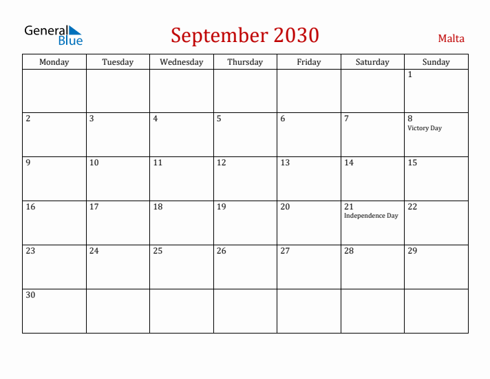 Malta September 2030 Calendar - Monday Start