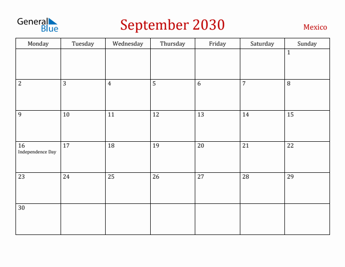 Mexico September 2030 Calendar - Monday Start