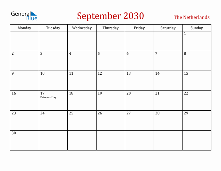 The Netherlands September 2030 Calendar - Monday Start