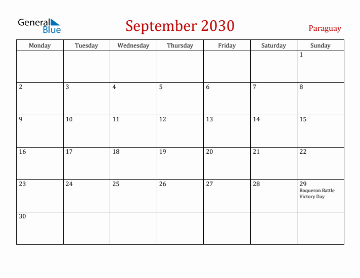Paraguay September 2030 Calendar - Monday Start