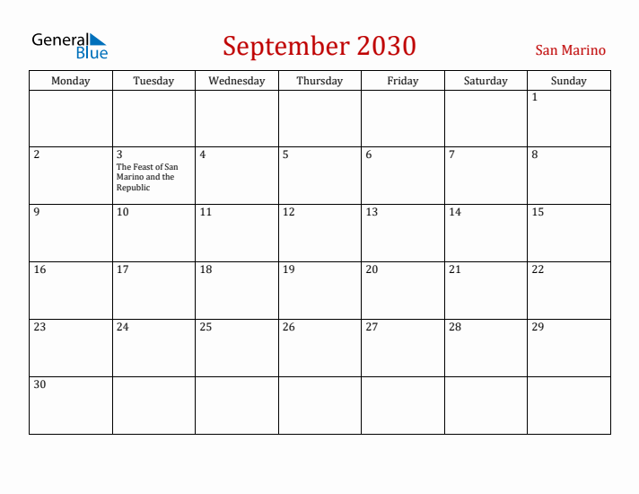San Marino September 2030 Calendar - Monday Start