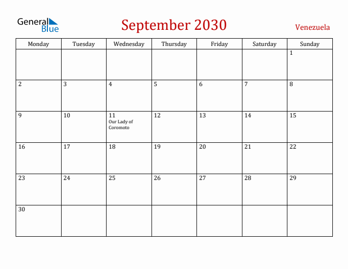 Venezuela September 2030 Calendar - Monday Start