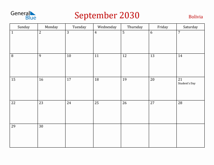 Bolivia September 2030 Calendar - Sunday Start