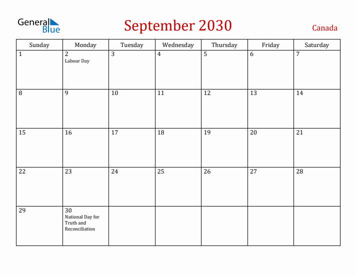 Canada September 2030 Calendar - Sunday Start