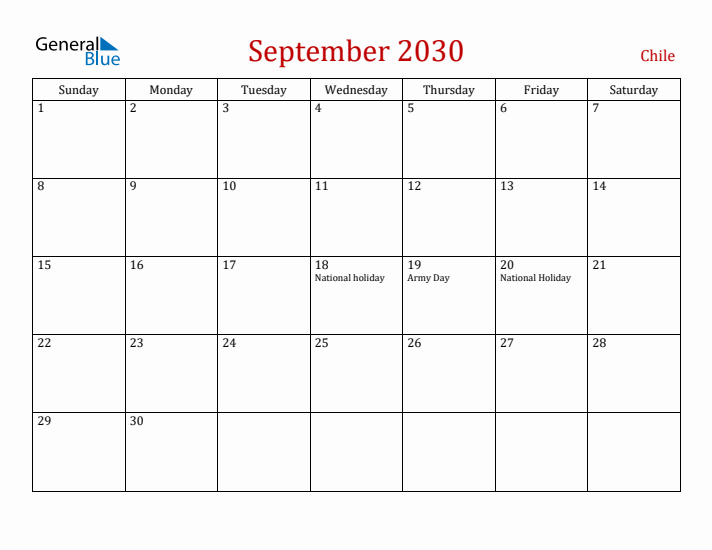 Chile September 2030 Calendar - Sunday Start