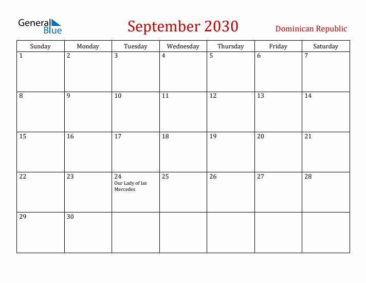 Dominican Republic September 2030 Calendar - Sunday Start