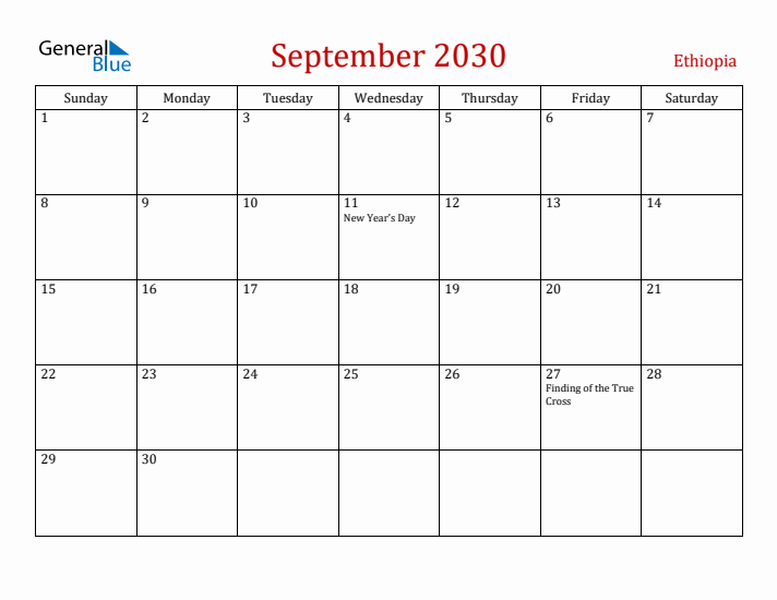 Ethiopia September 2030 Calendar - Sunday Start