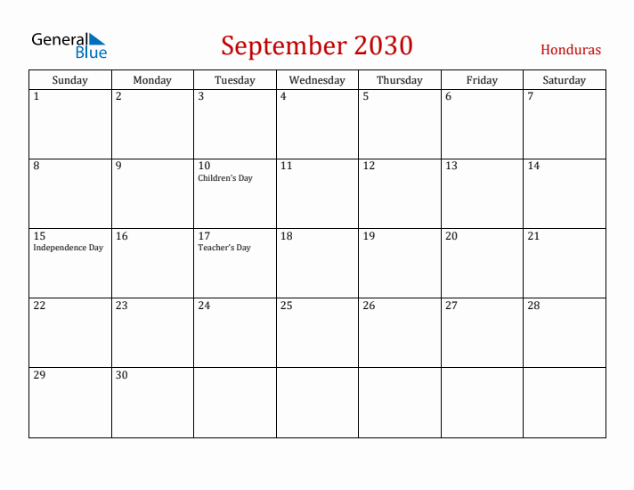 Honduras September 2030 Calendar - Sunday Start