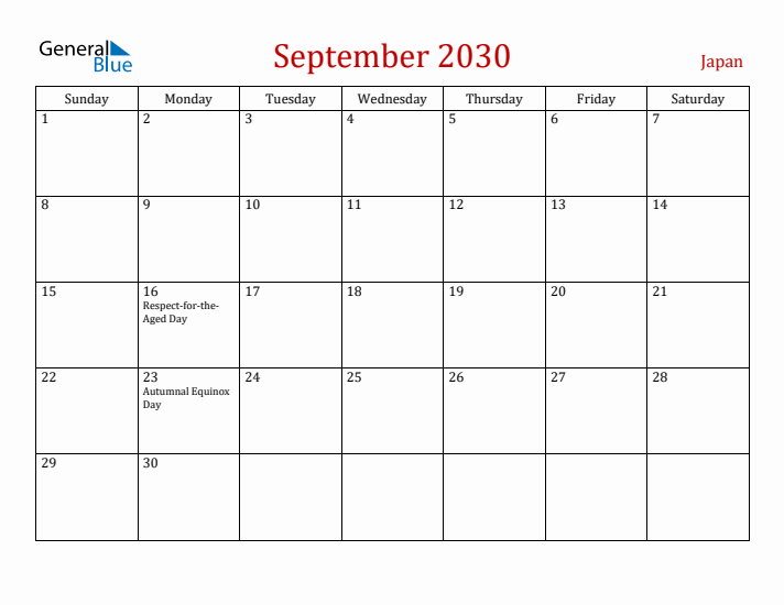Japan September 2030 Calendar - Sunday Start