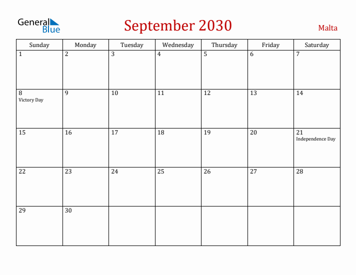 Malta September 2030 Calendar - Sunday Start
