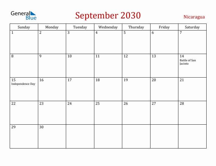 Nicaragua September 2030 Calendar - Sunday Start