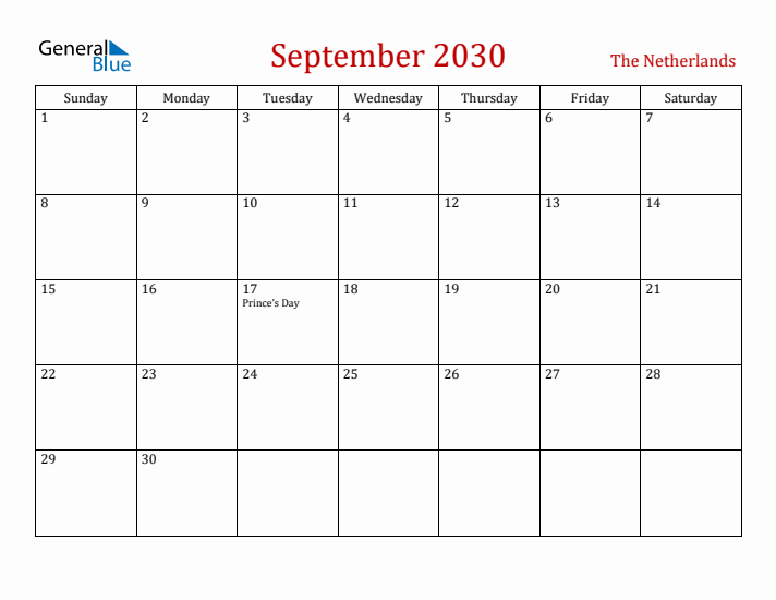 The Netherlands September 2030 Calendar - Sunday Start