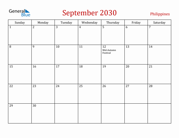 Philippines September 2030 Calendar - Sunday Start