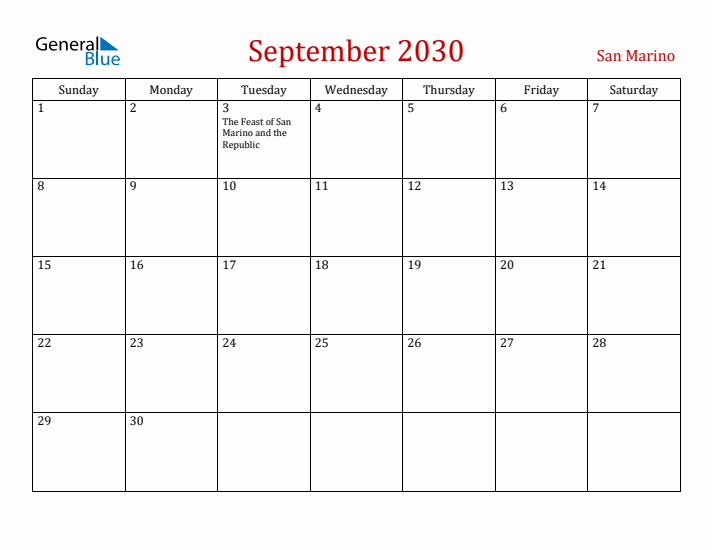 San Marino September 2030 Calendar - Sunday Start