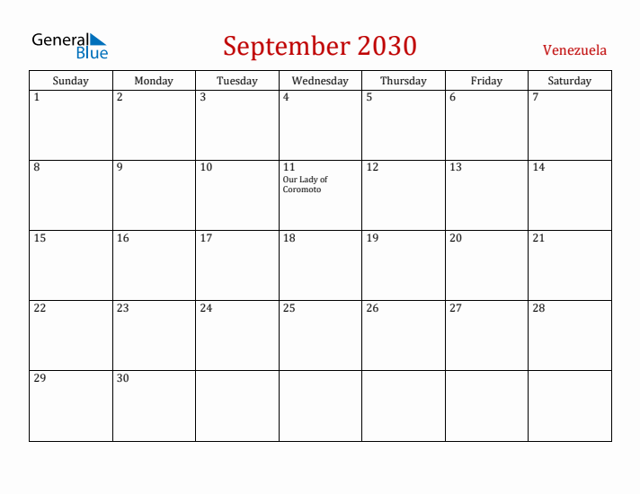 Venezuela September 2030 Calendar - Sunday Start