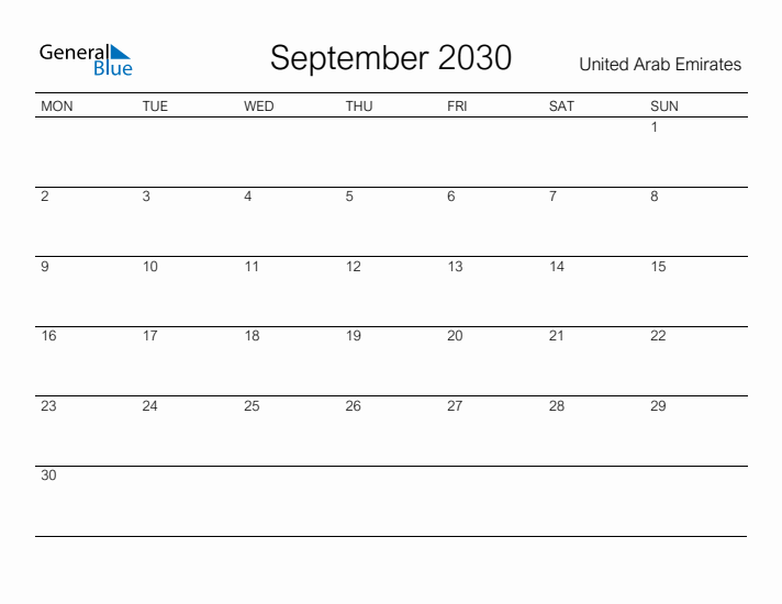 Printable September 2030 Calendar for United Arab Emirates