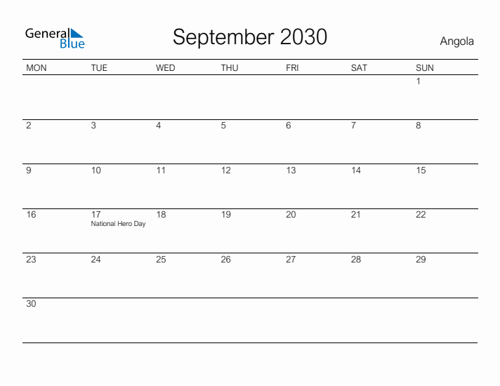 Printable September 2030 Calendar for Angola