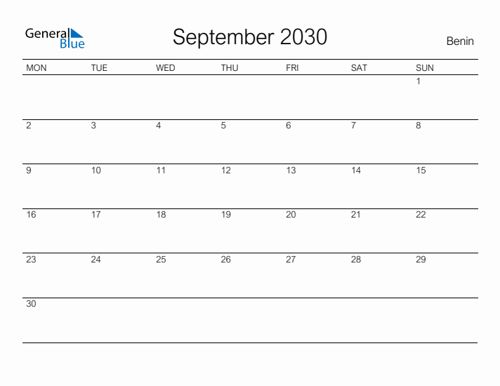 Printable September 2030 Calendar for Benin