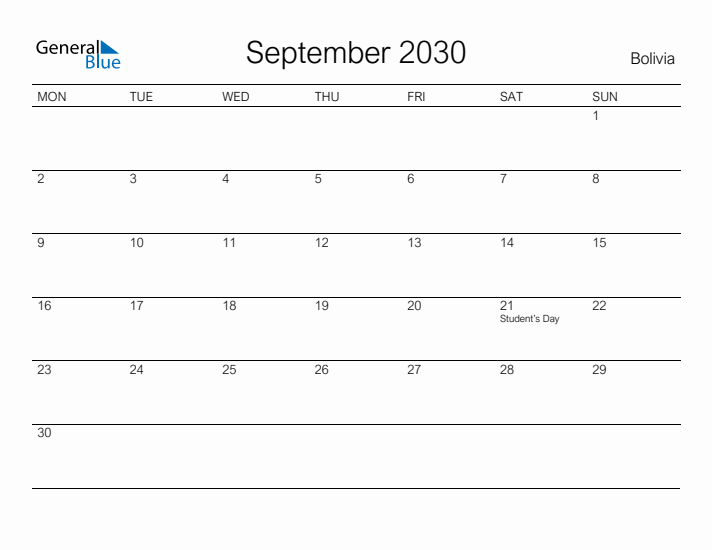 Printable September 2030 Calendar for Bolivia