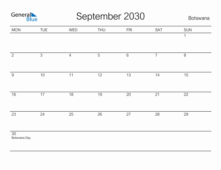 Printable September 2030 Calendar for Botswana
