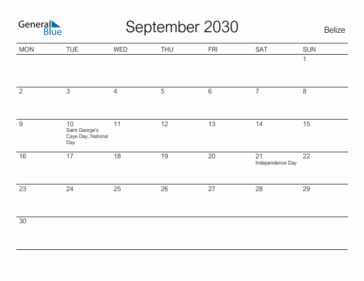 Printable September 2030 Calendar for Belize