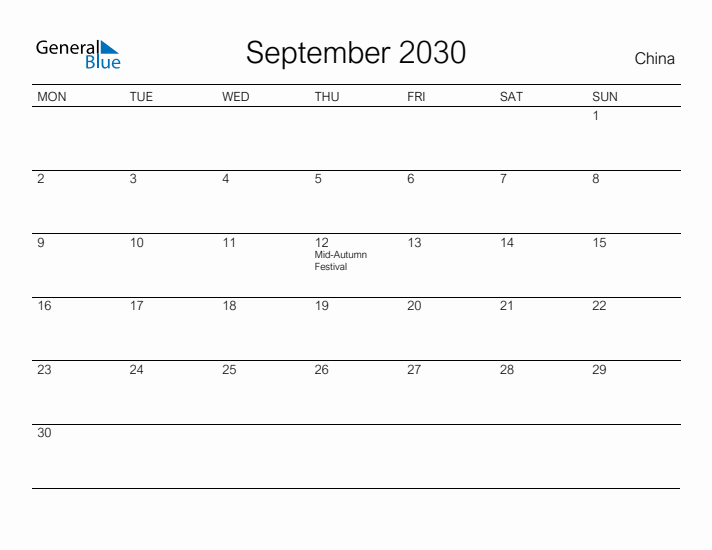 Printable September 2030 Calendar for China