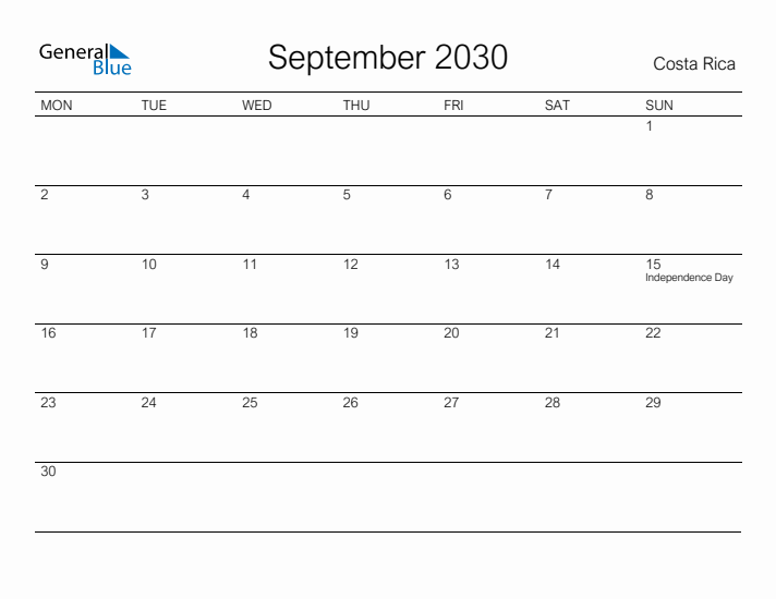 Printable September 2030 Calendar for Costa Rica