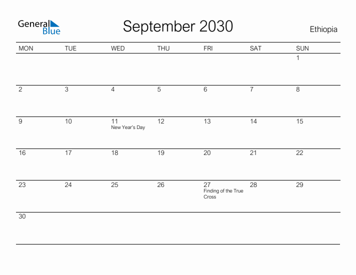 Printable September 2030 Calendar for Ethiopia