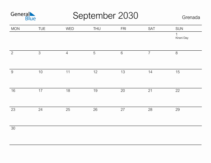 Printable September 2030 Calendar for Grenada