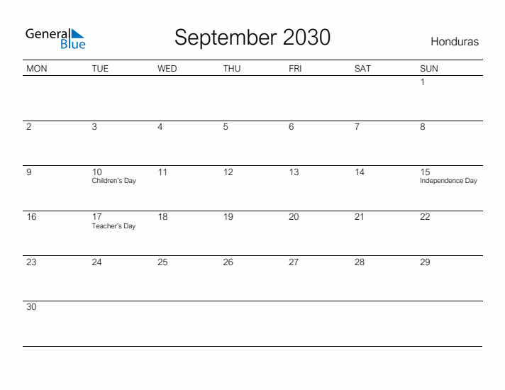Printable September 2030 Calendar for Honduras