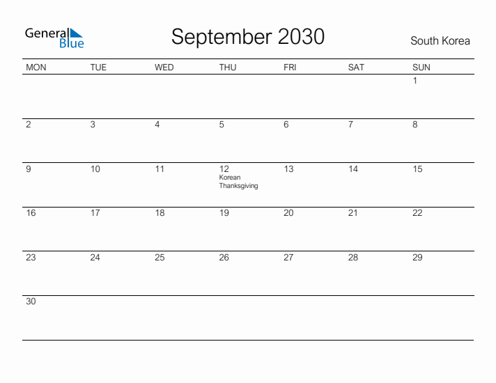 Printable September 2030 Calendar for South Korea