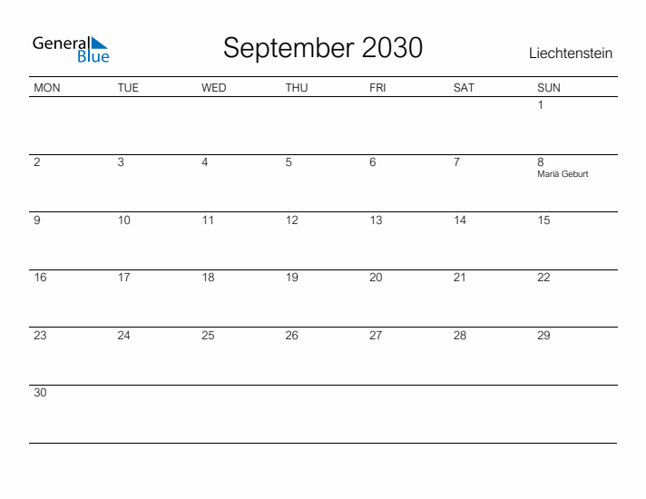 Printable September 2030 Calendar for Liechtenstein