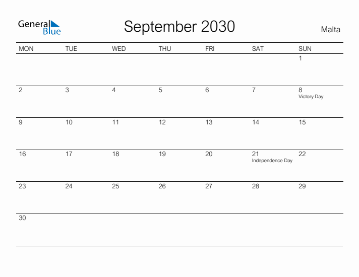Printable September 2030 Calendar for Malta