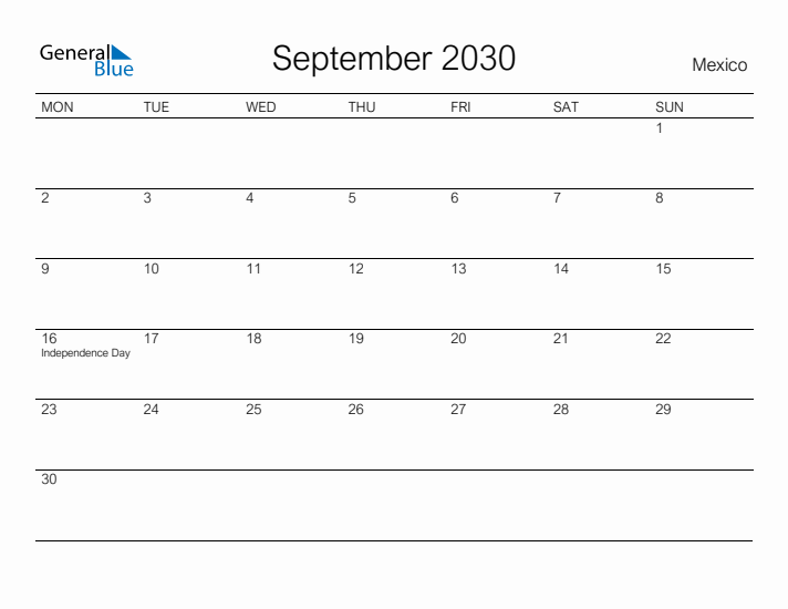 Printable September 2030 Calendar for Mexico