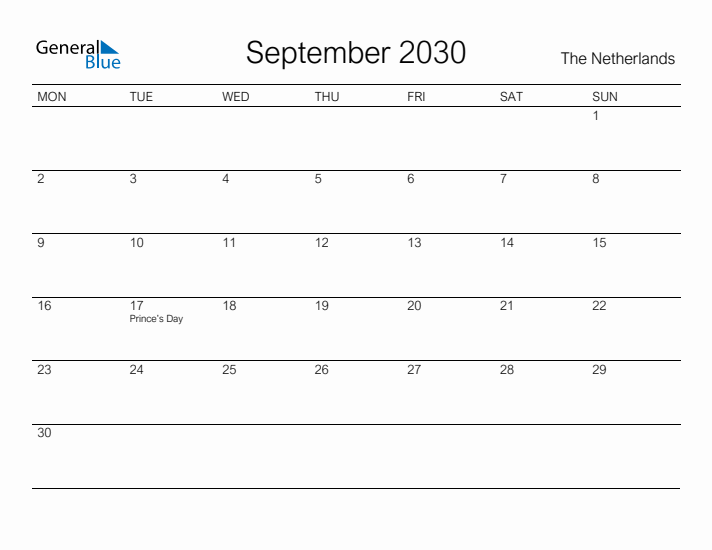 Printable September 2030 Calendar for The Netherlands