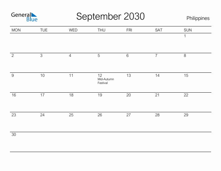 Printable September 2030 Calendar for Philippines