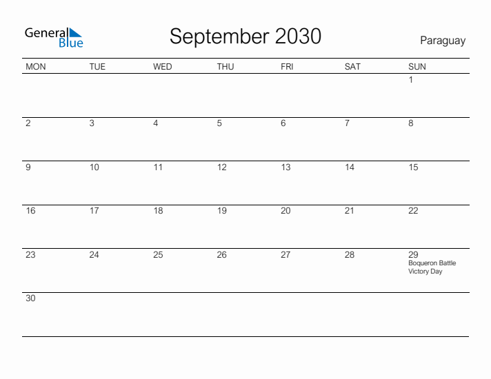 Printable September 2030 Calendar for Paraguay